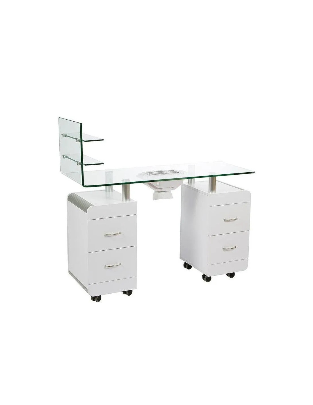 Table de Manucure Professionnelle WKM014 – Bois Blanc & Verre Trempé avec Extracteur et Rangements 