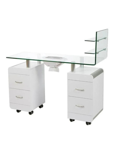 WKM014 Professional Manicure Table – White Wood & Tempered Glass with Extractor and Storage