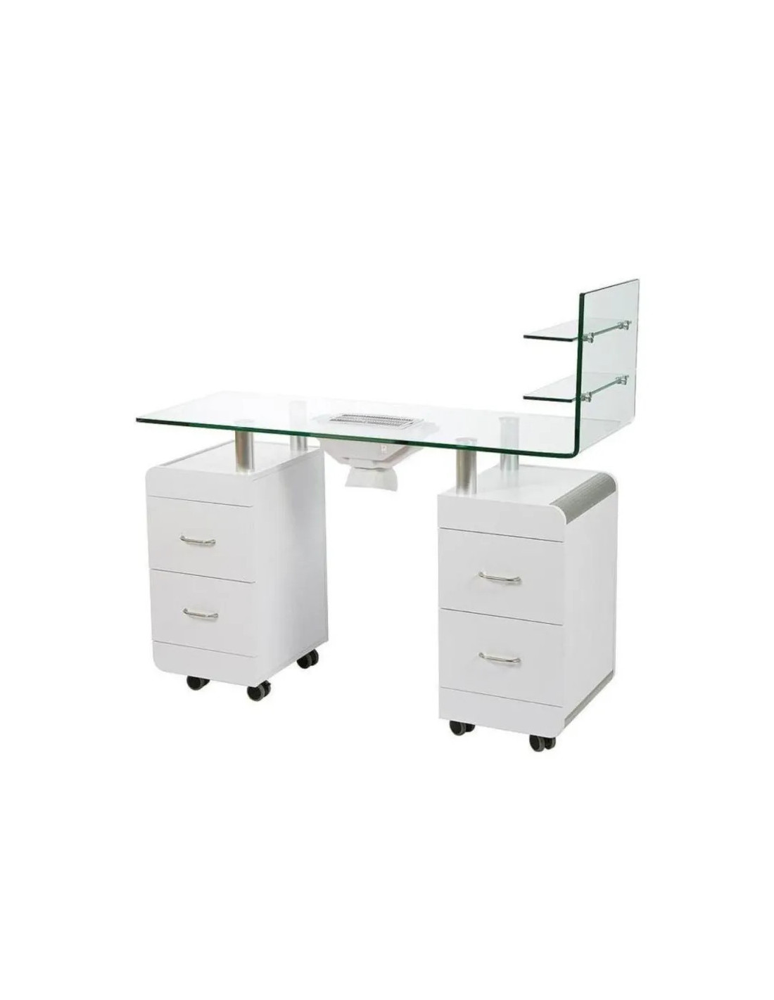 Table de Manucure Professionnelle WKM014 – Bois Blanc & Verre Trempé avec Extracteur et Rangements 