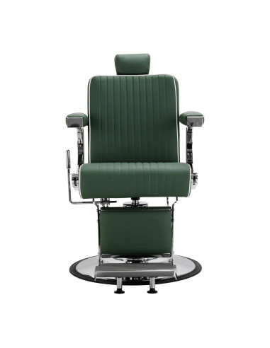Fotel barberski SALVATORE, zielony i chromowany – hydrauliczny rozkładany fotel Pro 