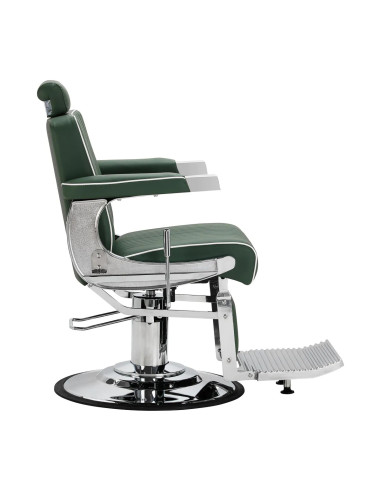 Fotel barberski SALVATORE, zielony i chromowany – hydrauliczny rozkładany fotel Pro 