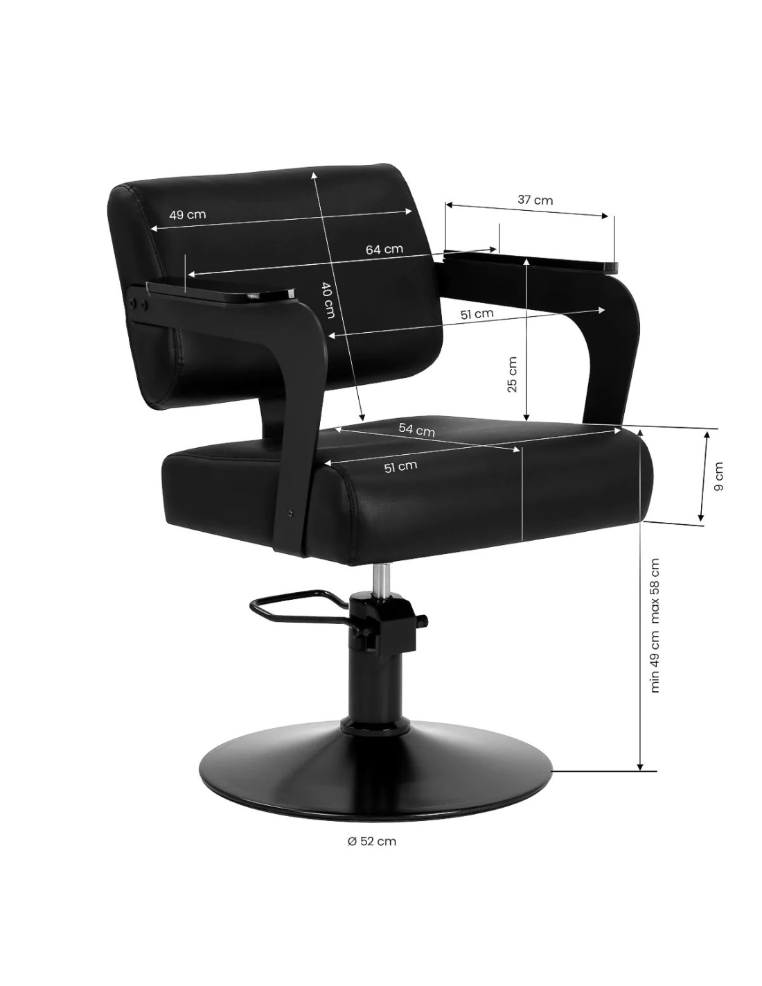 GABRIELLA Friseurstuhl, komplett schwarz – 360° drehbar, hydraulisch