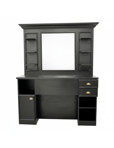 Professional black barber station with mirror and storage