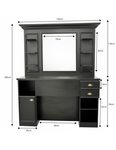 Postazione da barbiere professionale nera con specchio e spazio di archiviazione