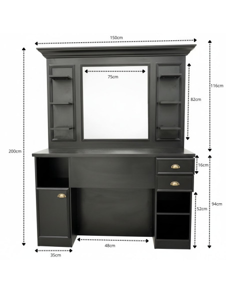 Postazione da barbiere professionale nera con specchio e spazio di archiviazione