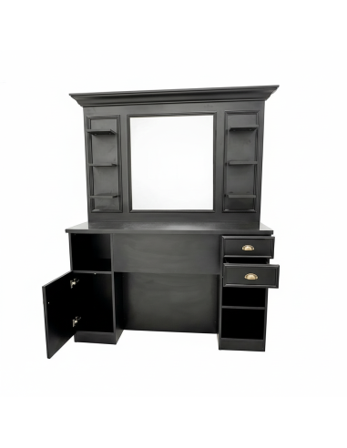 Professional black barber station with mirror and storage