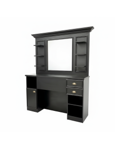 Postazione da barbiere professionale nera con specchio e spazio di archiviazione