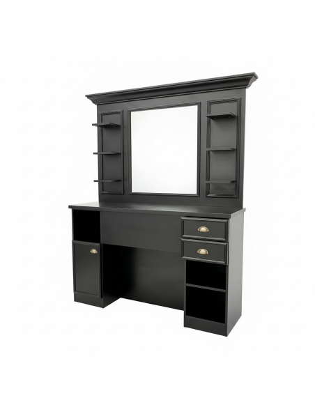 Professional black barber station with mirror and storage