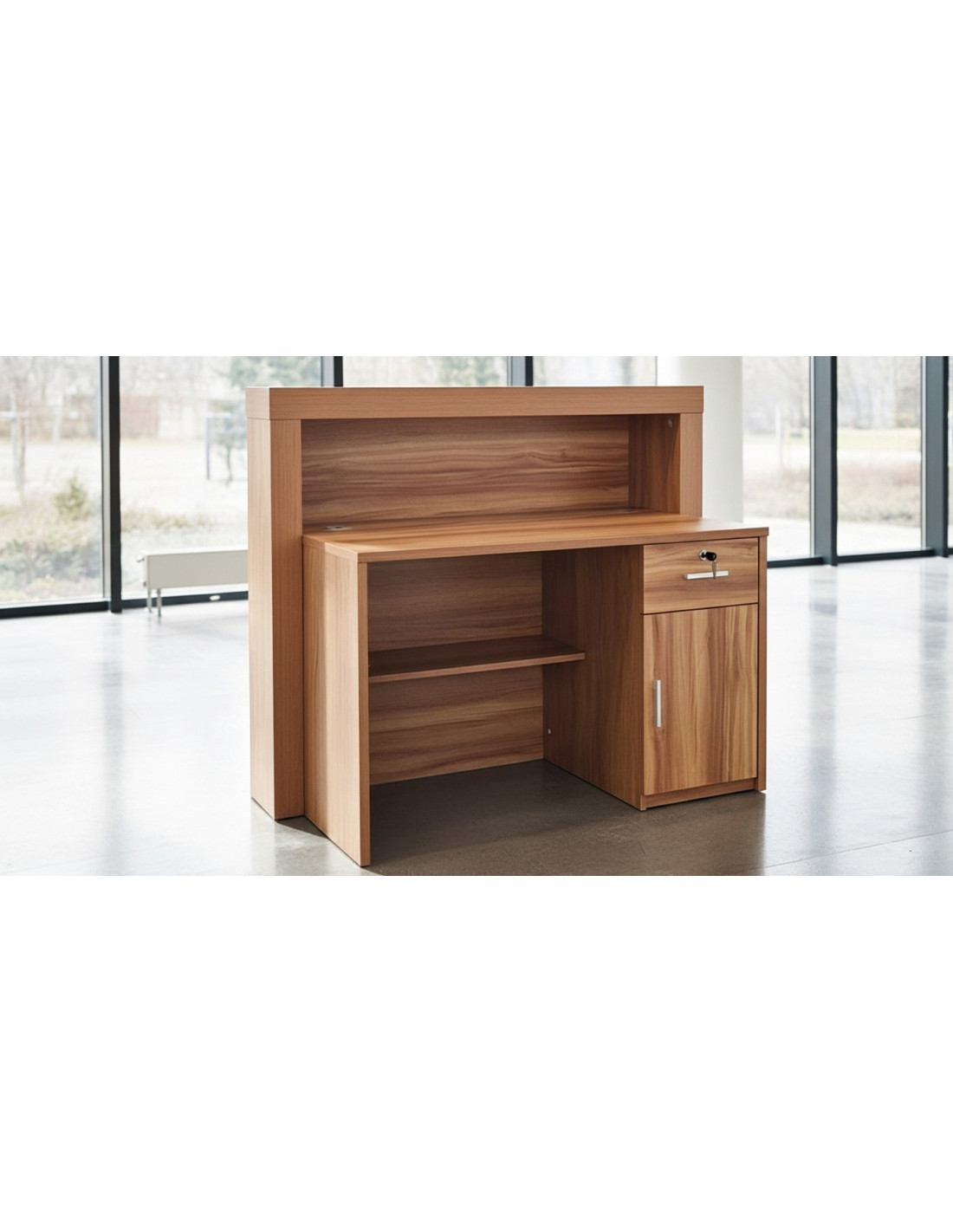 Mostrador de recepción Arizona de 120cm en madera imitación nogal.