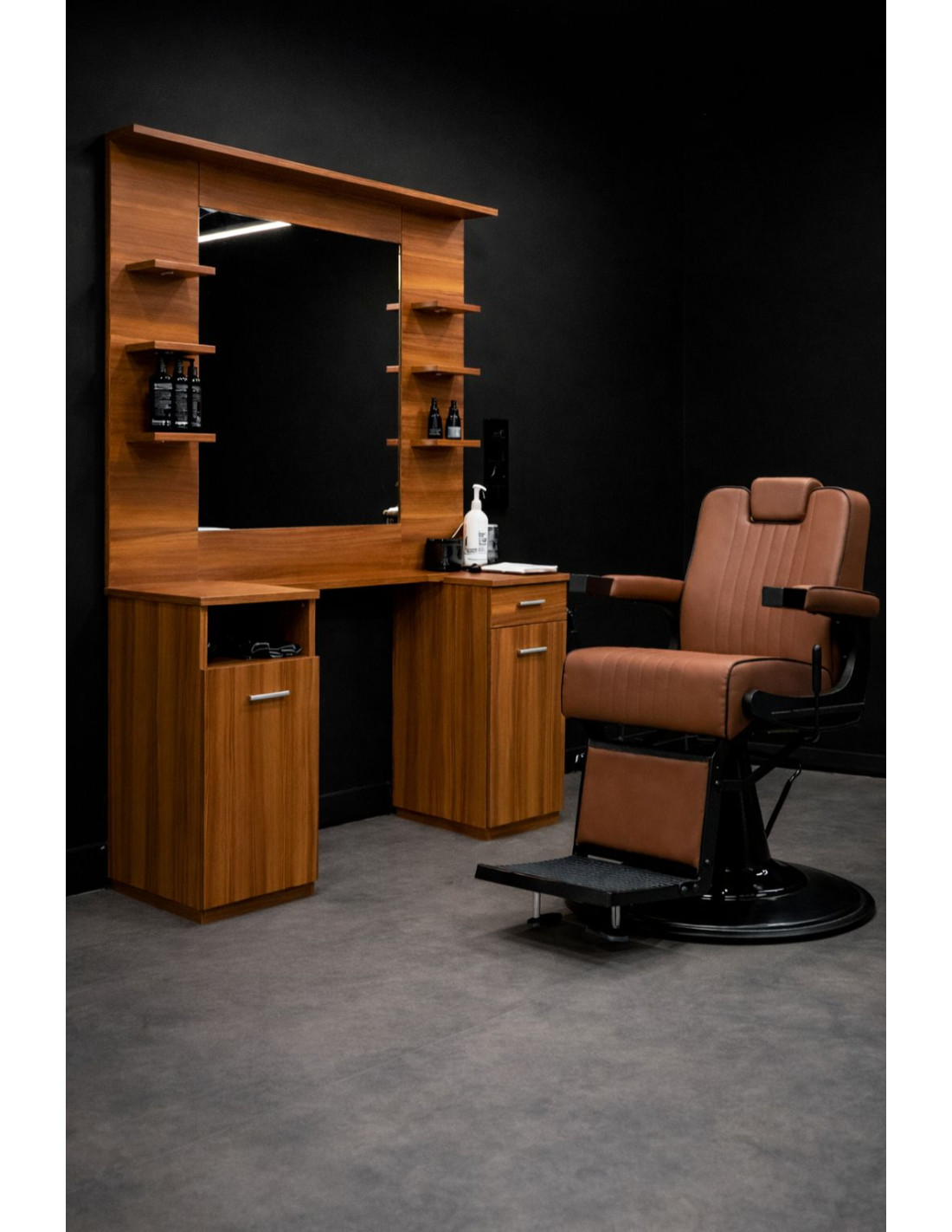 Poste de Coiffure Barbier Mural avec Miroir & Rangements | Mobilier Barber Shop