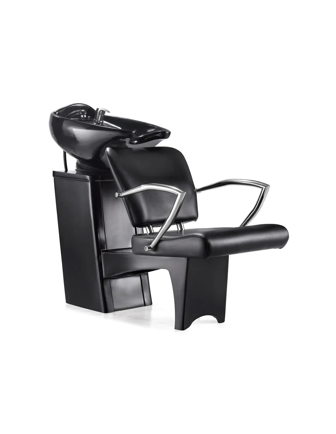 Lavabo profesional negro para champú con reposabrazos metálicos.