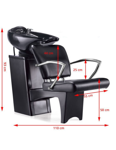 Lavabo profesional negro para champú con reposabrazos metálicos.