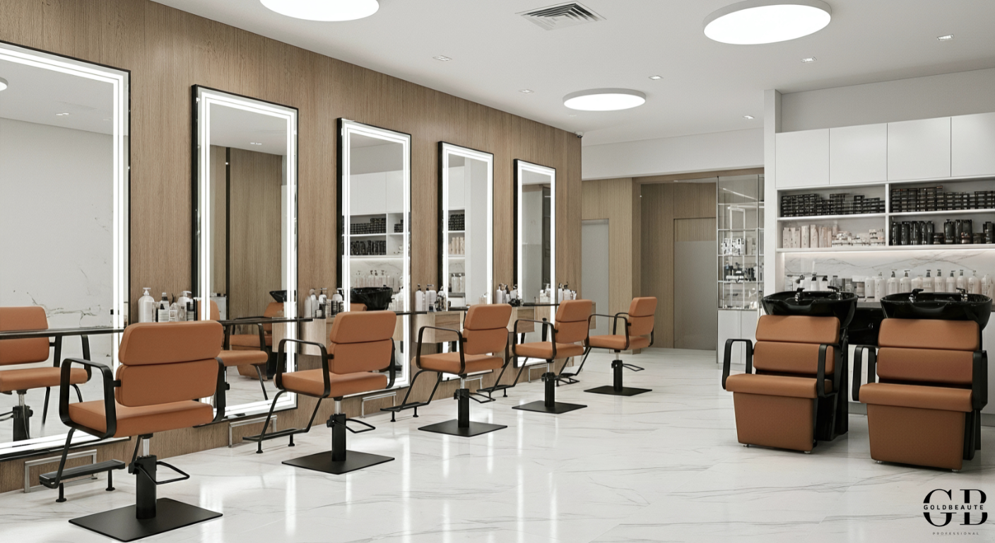 Porto black and terracotta orange shampoo basin, modern design, comfortable hairdressing chair with integrated basin for professional hairdressing salon.