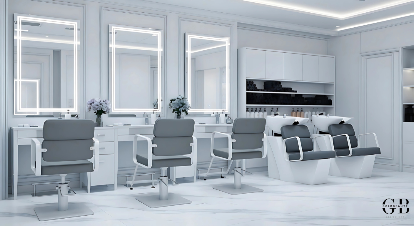 Porto witte en grijze wasbak met bijpassende kappersstoel, modern en ergonomisch design voor professionele kapsalons.