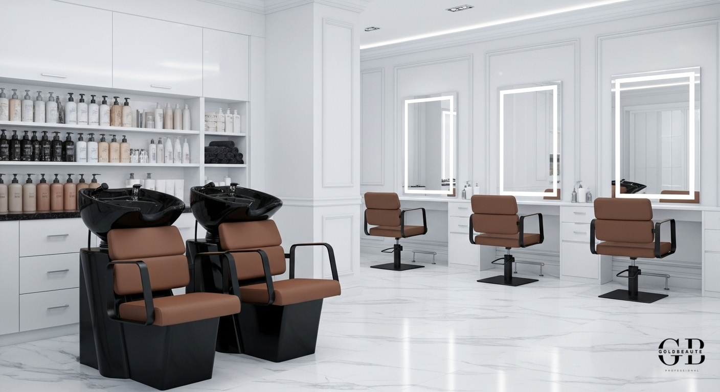 Czarna umywalka Porto z brązowymi fotelami fryzjerskimi, nowoczesny i ergonomiczny design dla profesjonalnych salonów fryzjerskich.