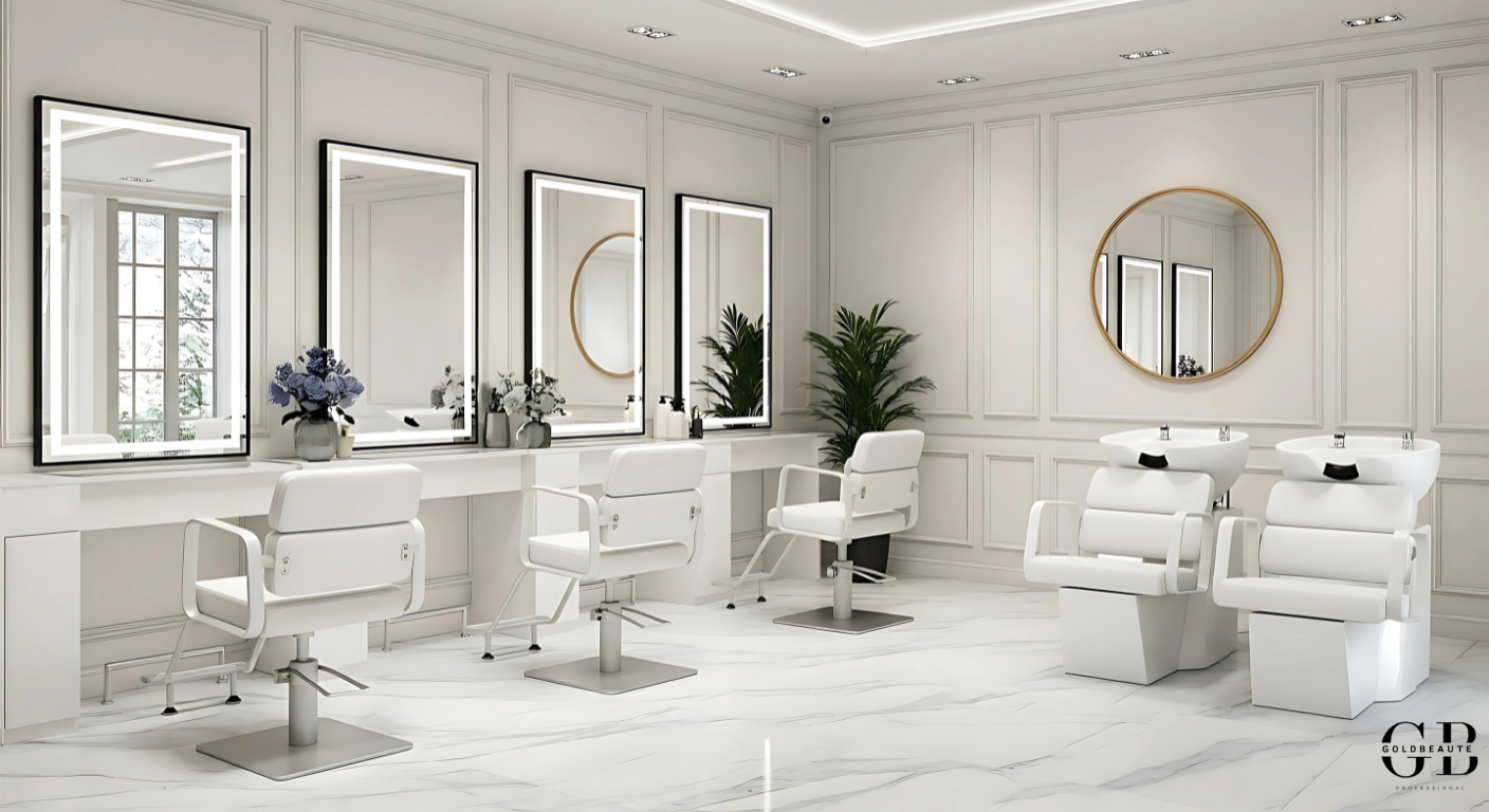 Porto witte wasbak met bijpassende kappersstoel, modern en elegant design voor een professionele salon van topklasse