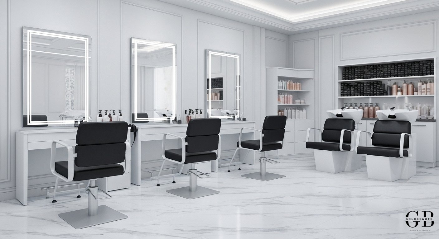 Porto-Shampoobecken in Weiß und Schwarz mit passenden Friseurstühlen, modernes und komfortables Design für professionelle Friseursalons.