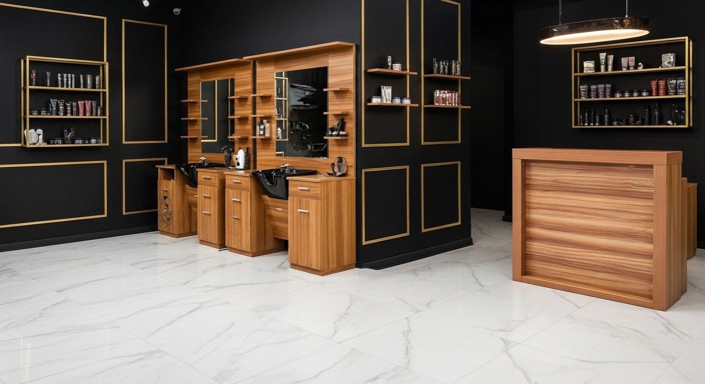 Mostrador de recepción Arizona de 120 cm en madera efecto nogal. Diseño profesional con cajón seguro y espacio de almacenamiento integrado. Ideal para peluquerías, spas y boutiques.