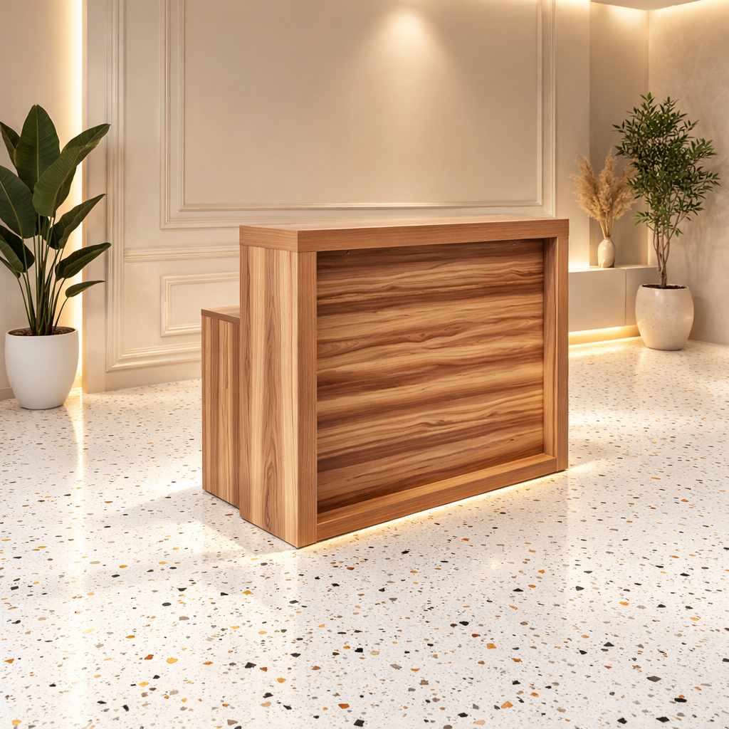 Mostrador de recepción Arizona de 120 cm en madera efecto nogal. Diseño profesional con cajón seguro y espacio de almacenamiento integrado. Ideal para peluquerías, spas y boutiques.