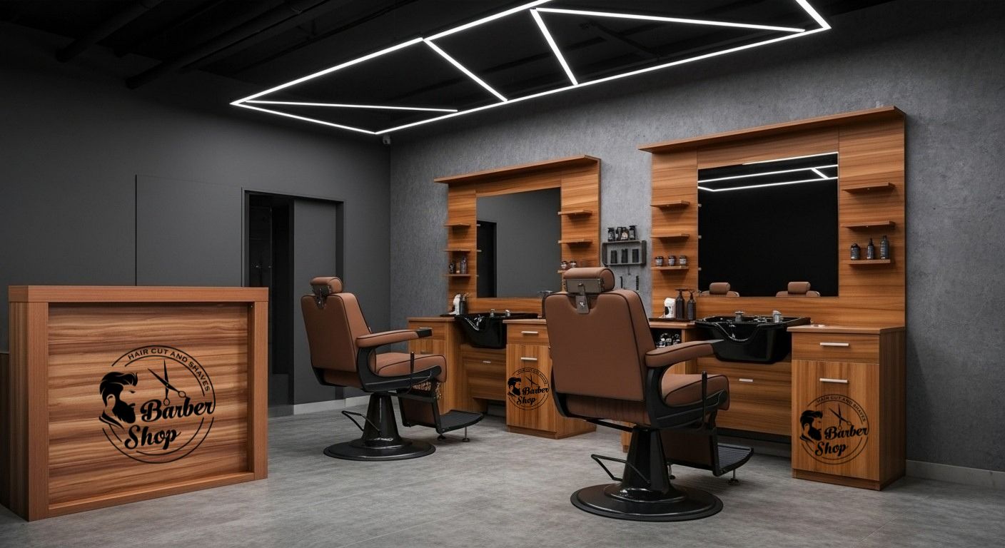 Mostrador de recepción de barbería de 120 cm en madera efecto nogal. Diseño robusto y elegante con cajón seguro y espacio de almacenamiento integrado. Ideal para barberías profesionales.