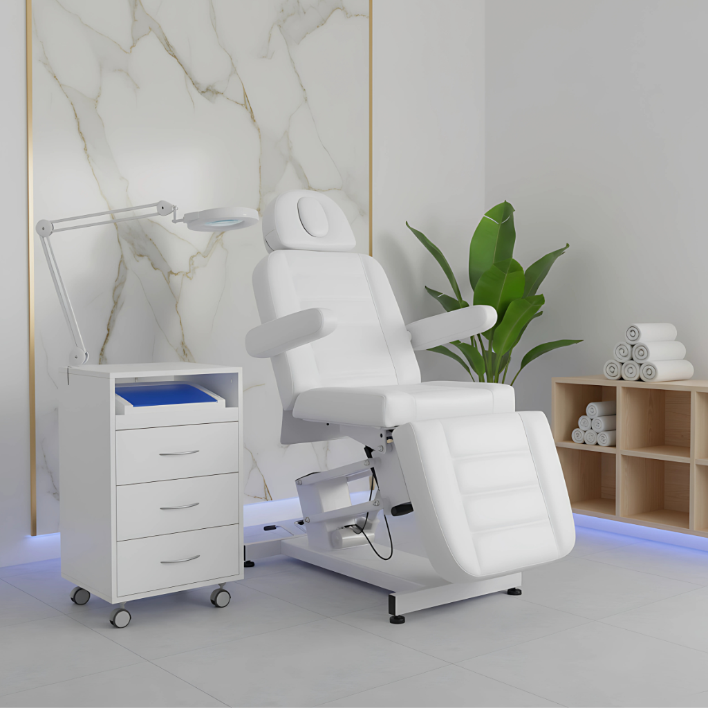 Fauteuil esthétique électrique 1 moteur blanc Amica, ergonomique et réglable, idéal pour instituts de beauté, soins visage, massages, pédicure et spa professionnel.