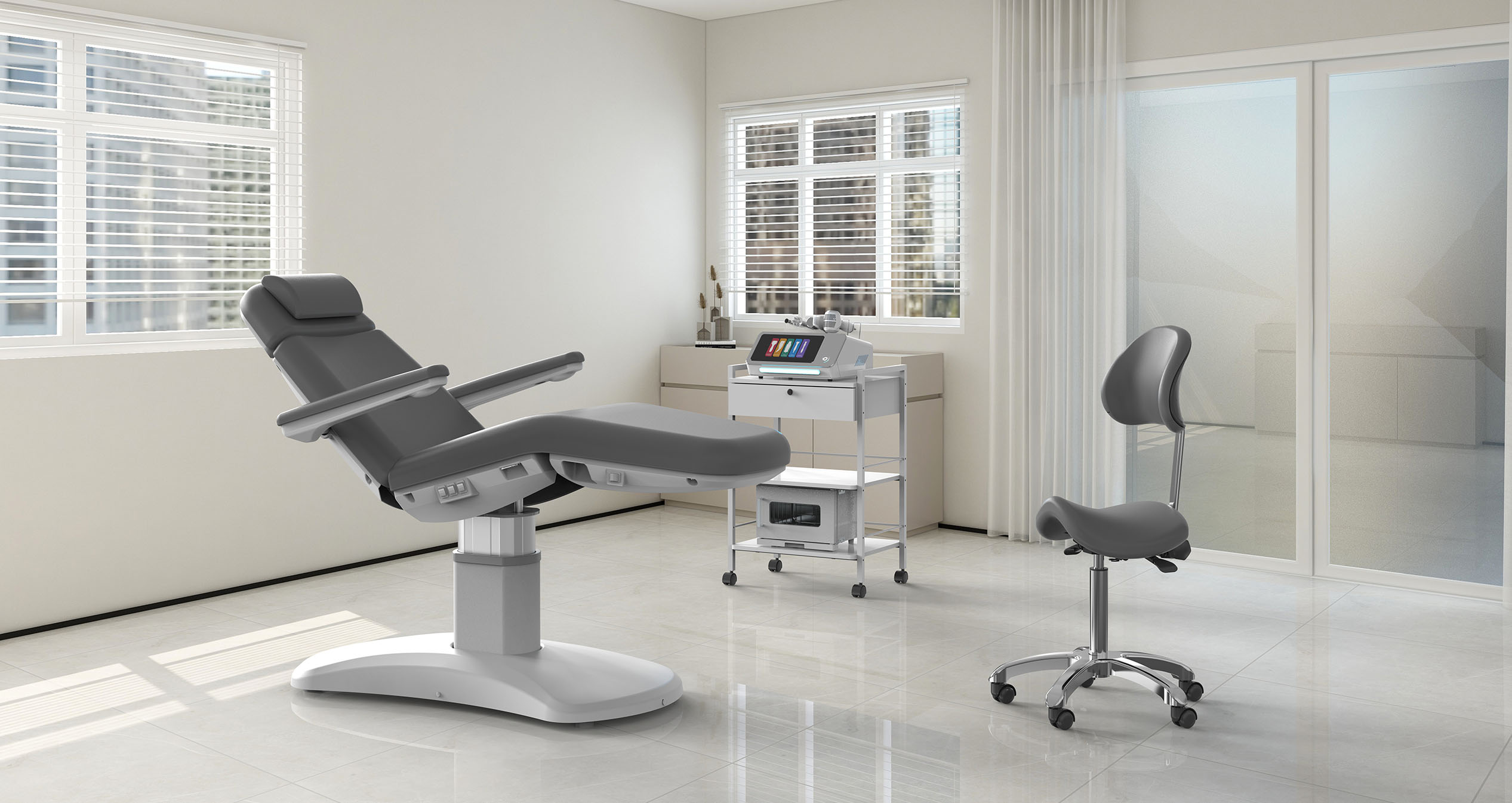 Lumina Azzurra weißer 4-Motor-Elektro-Kosmetikstuhl in moderner Kabine mit Rolltisch und ergonomischem Hocker