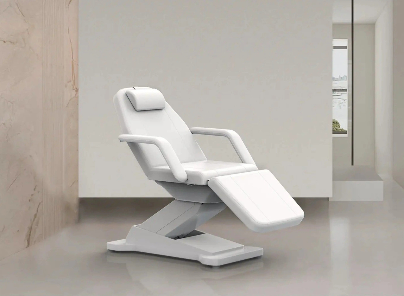 Cadeira de estética elétrica RIMA White com 3 motores e ajuste motorizado de altura, encosto e apoio para pernas, design ergonômico e confortável para tratamentos faciais, depilação, massagens e tratamentos de beleza profissionais em institutos e spas