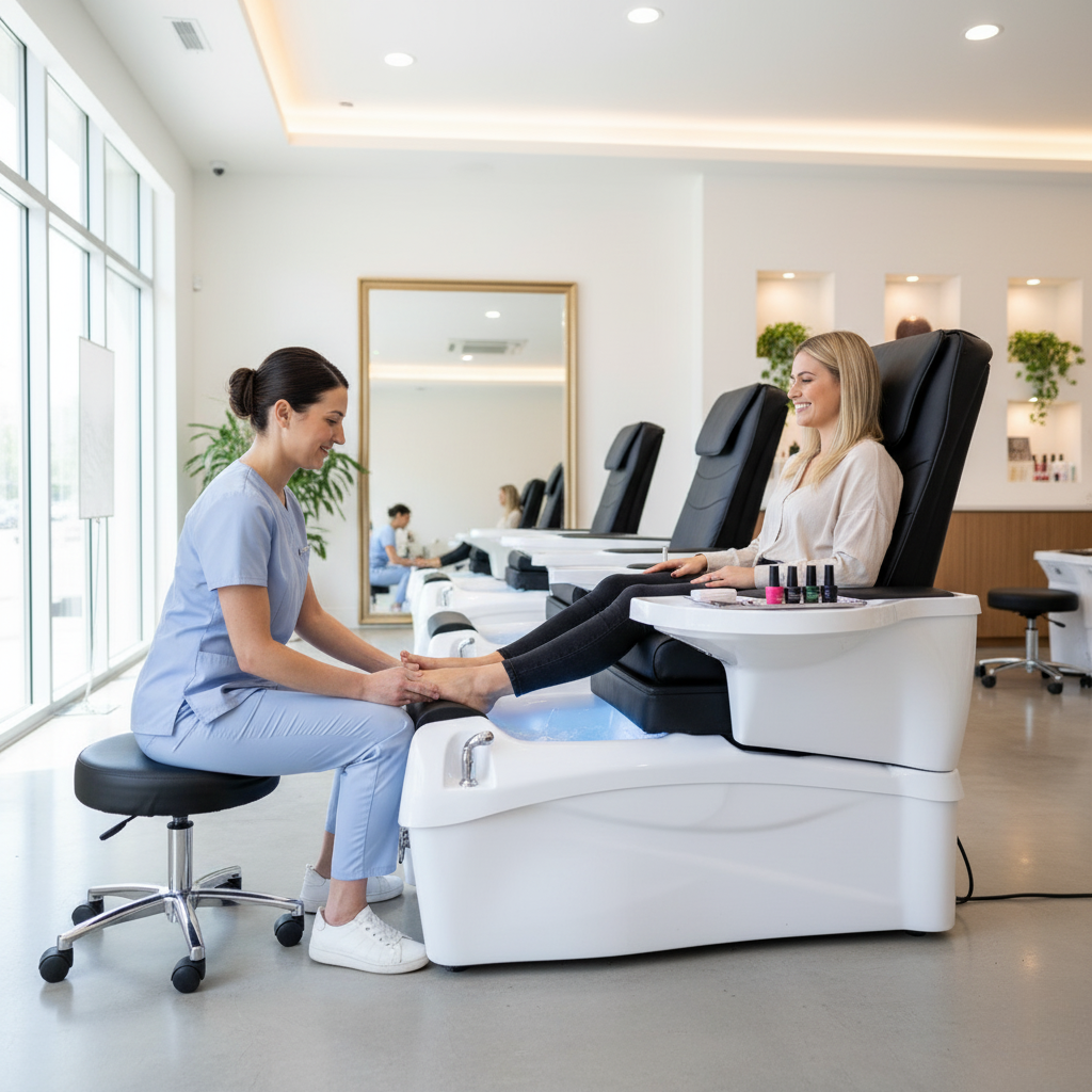 Luxury black Pedispa armchair with Shiatsu massage function, chromotherapy and hydromassage bath, ideal for beauty salons.