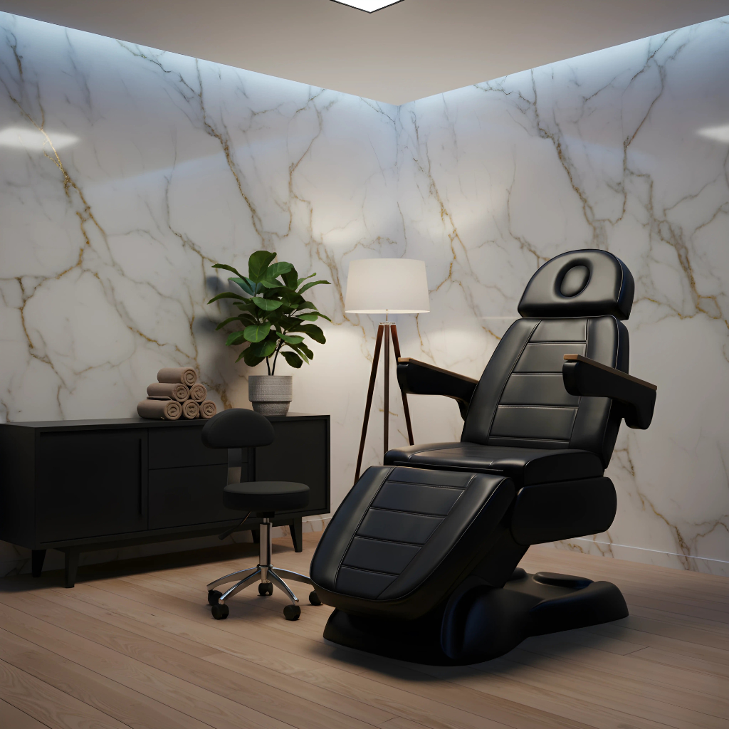 Fauteuil cosmétique électrique Sillon Lux 273B noir avec tabouret 304 assorti, revêtement haut de gamme, réglages motorisés complets pour la hauteur, l’inclinaison et le repose-jambes, idéal pour soins esthétiques, maquillage, massages et prestations professionnelles en institut de beauté et spa de luxe.