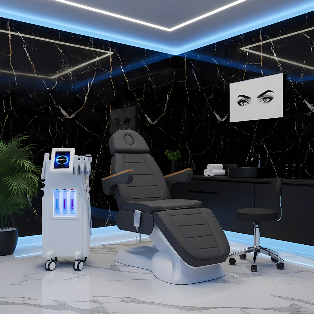 Poltrona elétrica estética Sillon Lux 273B na cor cinza com 3 motores, regulagem motorizada de altura, encosto e apoio para pernas, design ergonômico e elegante, ideal para tratamentos estéticos, salões de beleza, spas profissionais e centros de bem-estar, oferecendo alto conforto tanto para o profissional quanto para o cliente.