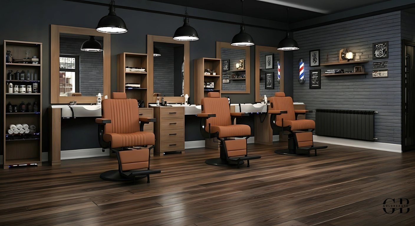 Cadeira de barbeiro John's em marrom terracota com estrutura preta, design vintage elegante e confortável para barbearia profissional.