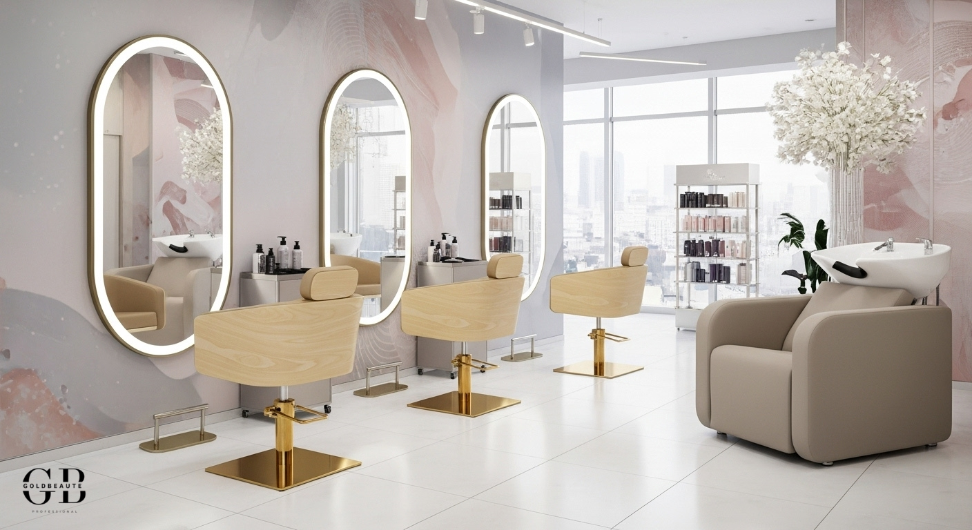 Sillón de peluquería ALYA en color beige con base dorada, asiento ergonómico y diseño moderno, ideal para salones de peluquería de alta gama combinando comodidad y elegancia.