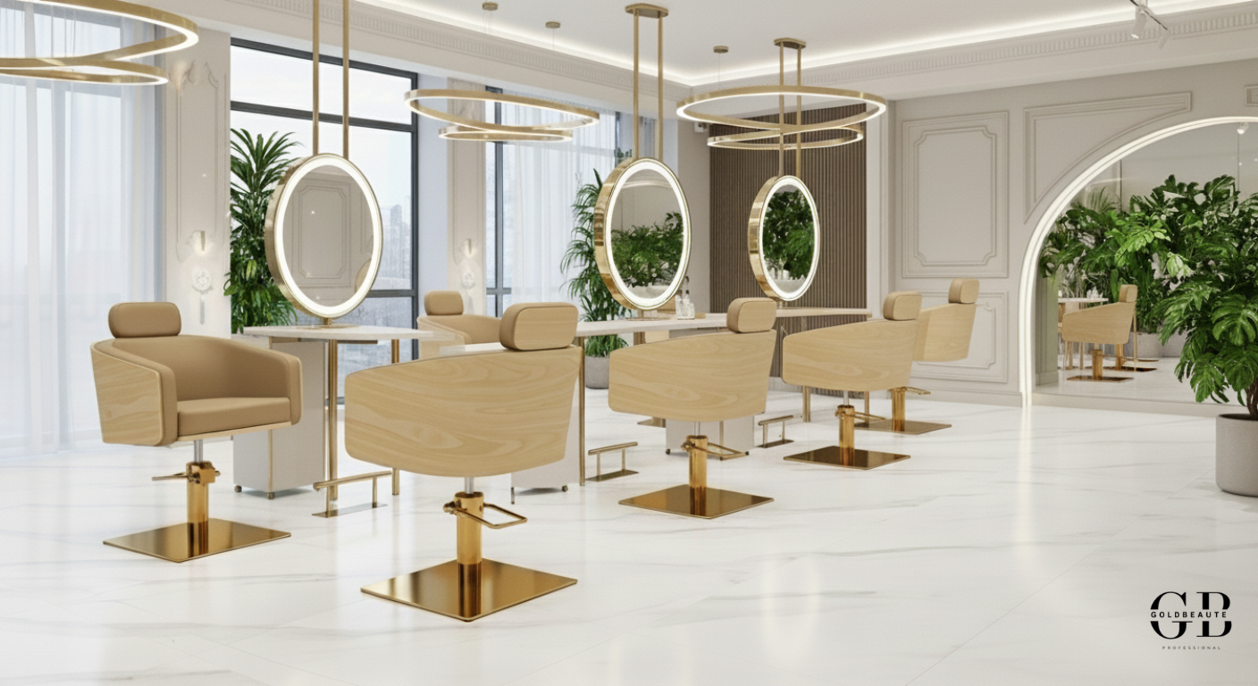 Sillón de peluquería ALYA color beige de elegante estructura y cómodo asiento, diseño de alta gama ideal para salones de peluquería modernos y profesionales.