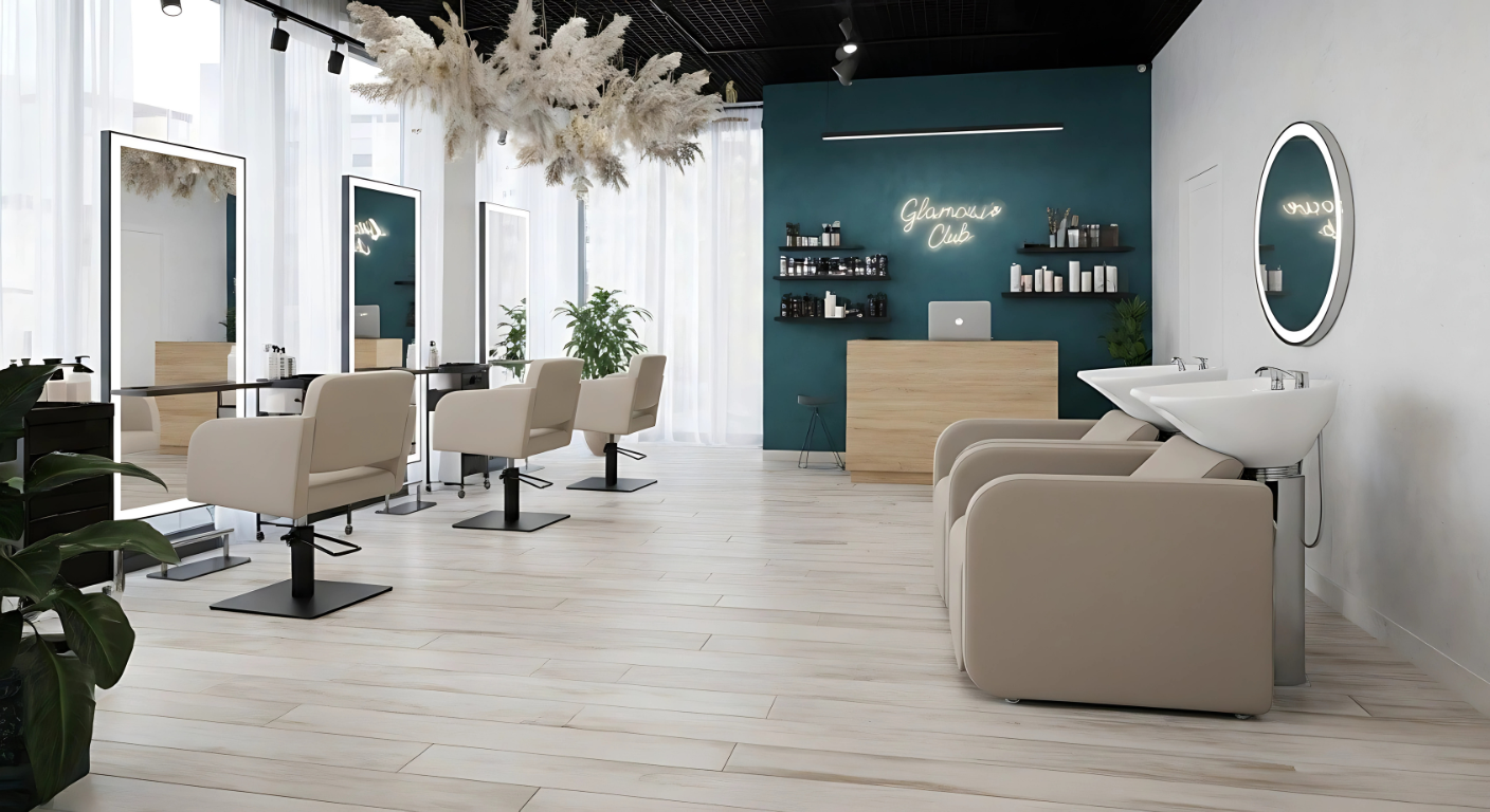 Friseurstuhl Bellagio in Graubeige mit elegantem Design und erstklassigem Komfort, ideal für moderne Friseursalons und professionelle Beautybereiche.