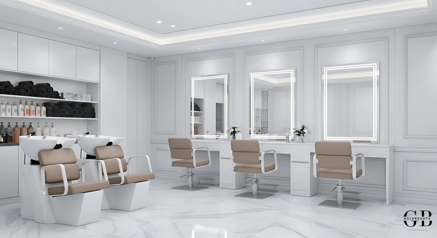 Lavatesta Porto beige e bianco con poltrona da parrucchiere coordinata, design moderno e confortevole per saloni professionali.