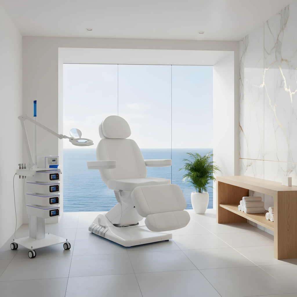 Luksusowy, elektryczny fotel kosmetyczny SILLON, biały, 4 silniki, ergonomiczny i wysokiej klasy design, idealny do zabiegów kosmetycznych, masażu, pedicure, manicure i profesjonalnego spa z pełną regulacją elektryczną.