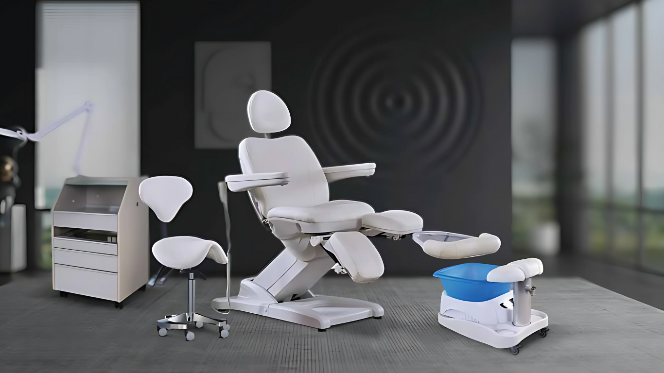 Fauteuil de podologie professionnel électrique avec tabouret ergonomique, unité de rangement et spa pédicure portable – mobilier GOLDBEAUTE.
