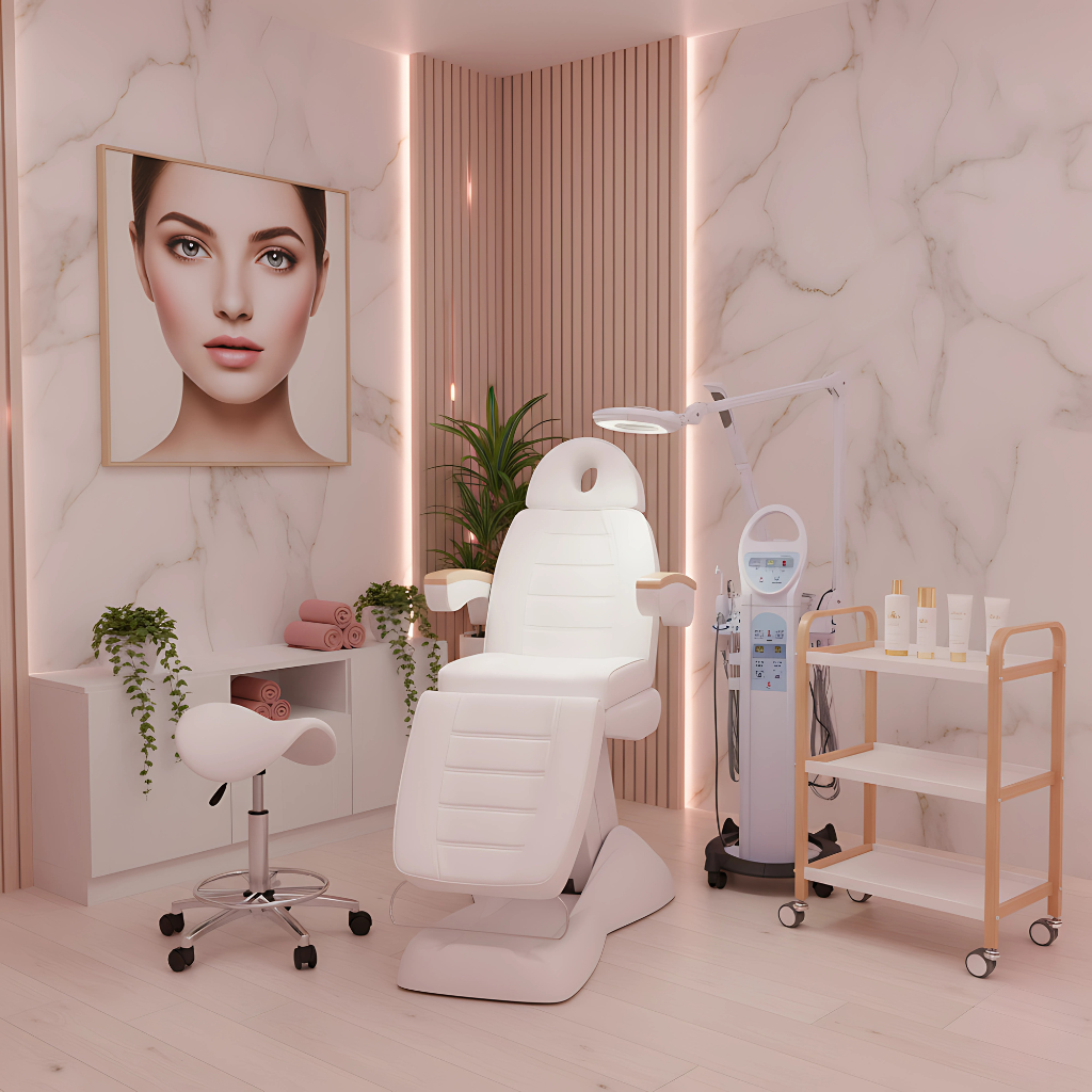 Poltrona estetica di lusso bianca elettricamente riscaldata, con schienale reclinabile, poggiagambe regolabile e seduta ergonomica, poltrona professionale per centri estetici, spa e centri estetici, ideale per trattamenti viso, trattamenti corpo e massaggi rilassanti, design moderno e comfort di alta gamma.