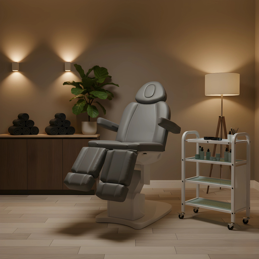 Cadeira de beleza elétrica 708AS Pedi com 3 motores, ajustável e ergonômica, especialmente projetada para pedicures, manicures, massagens e tratamentos de beleza profissionais em institutos e spas de alto padrão.