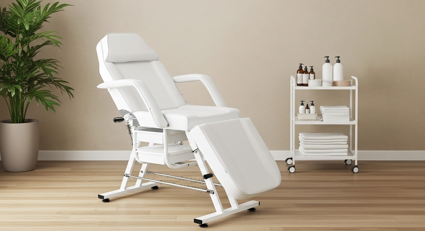 Fauteuil de soins esthétiques fixe blanc avec dossier inclinable et repose-jambes réglable, idéal pour instituts de beauté, spa et soins professionnels.