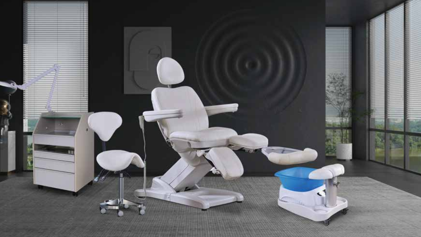 Fauteuil de podologie professionnel électrique avec tabouret ergonomique, unité de rangement et spa pédicure portable – mobilier GOLDBEAUTE.