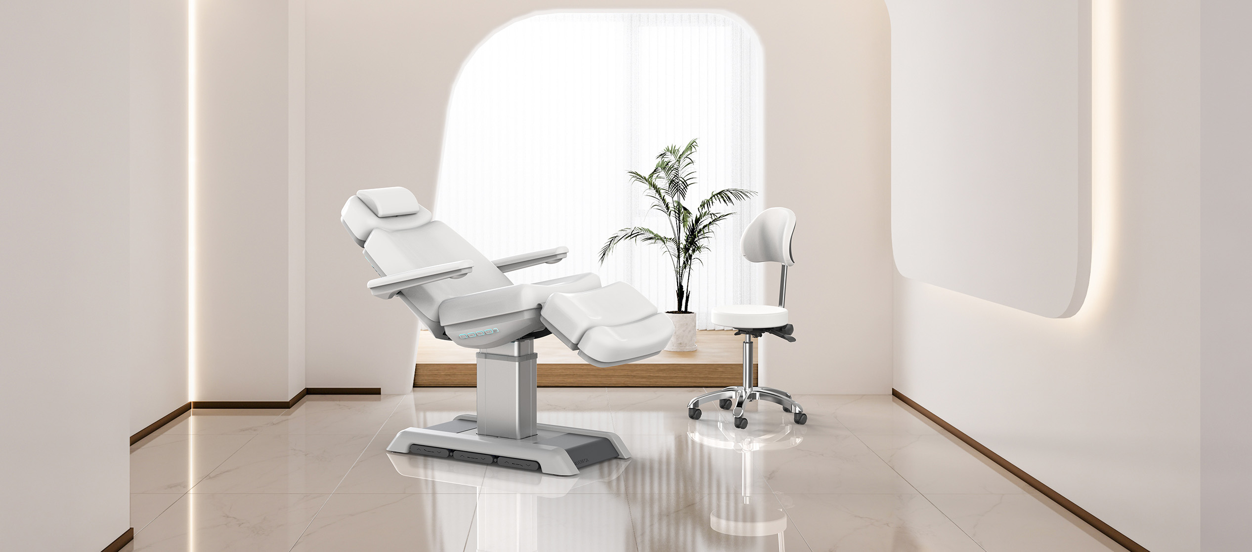 Fauteuil esthétique électrique blanc haut de gamme avec repose-pieds ajustable, dossier inclinable et commandes intégrées, idéal pour soins visage, massages et instituts de beauté professionnels.