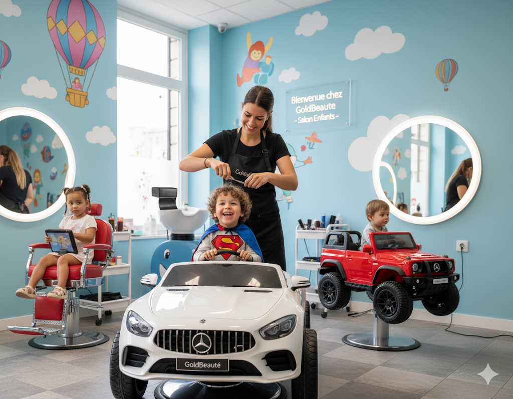 Plusieurs fauteuils de coiffure pour enfants aux designs variés, dont des voitures rouges et noires, un fauteuil de barbier miniature et un pouf noir.