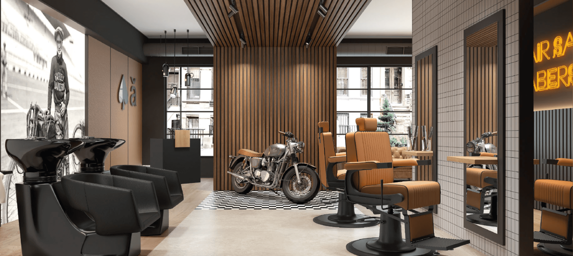 Interior de una barbería de alta gama equipada con sillones de barbero de cuero camel vintage y lavabos de champú negros: muebles profesionales GOLDBEAUTE.