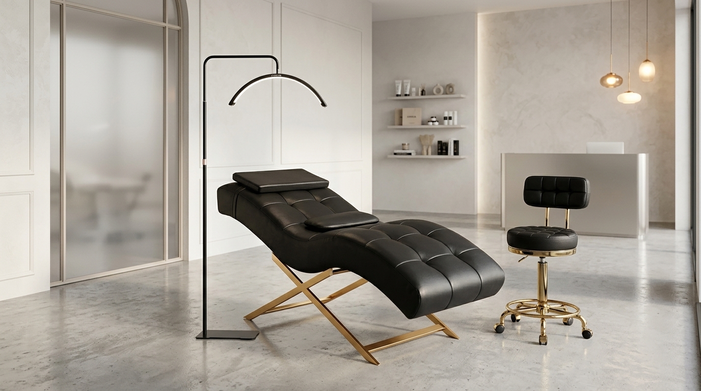 Lit extension de cils professionnel Lïna avec matelas ergonomique velours noir et structure dorée. Idéal pour technicienne cils, maquillage permanent et institut beauté.