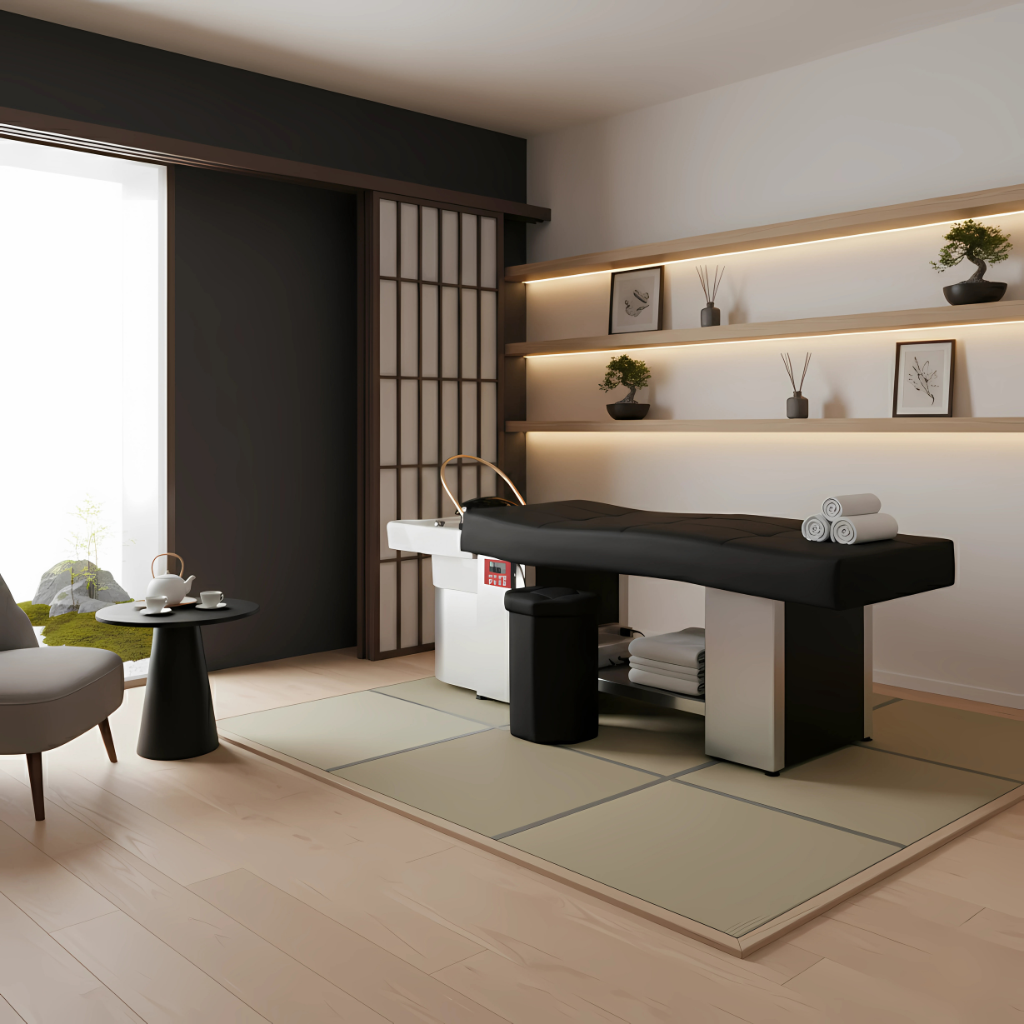 Camilla de spa japonesa profesional negra con tecnología de vapor Anion, camilla de masaje de alta gama para el cuidado del cabello, rituales de bienestar, masajes y spa de belleza, diseño elegante y moderno.