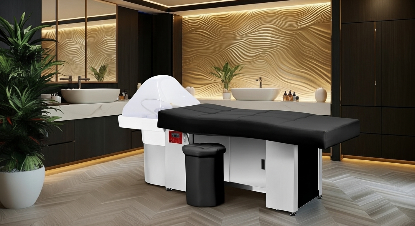 Professional black Head Spa bed with closed storage space, high-end spa table ideal for beauty treatments, massages and relaxation.