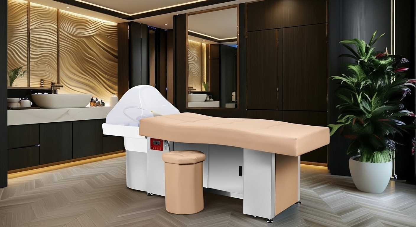 Professional beige Head Spa bed with closed storage space, high-end spa table ideal for massages, beauty treatments and well-being.