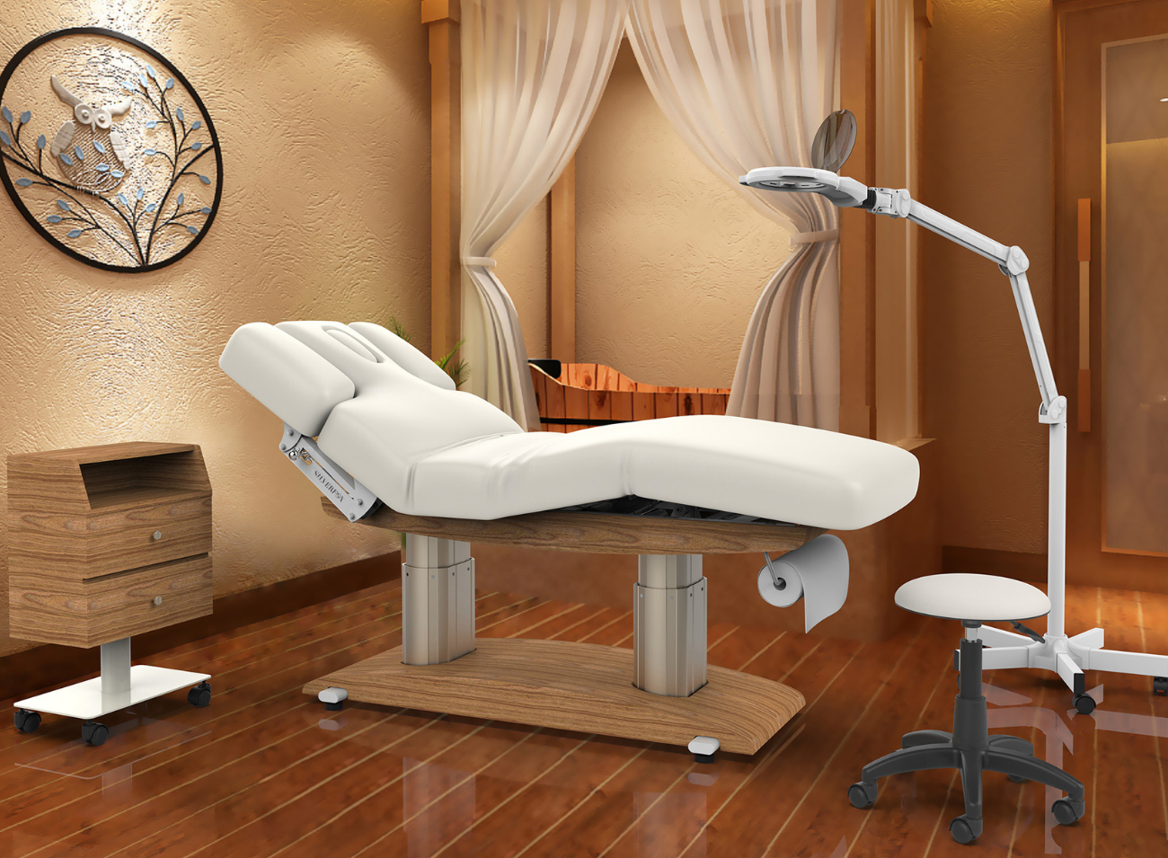 Marquesa elétrica de SPA Ginevra com 4 motores em madeira clara, design sofisticado para salões de beleza e spas profissionais. Este mobiliário de beleza combina conforto, elegância e tecnologia avançada com ajustes precisos de altura e encosto motorizados. Ideal para massagens, tratamentos faciais e corporais, transforma cada cabine em um luxuoso espaço de bem-estar. Apresentada em showrooms/exposições, esta marquesa de massagem profissional combina robustez, ergonomia e uma atmosfera relaxante, atendendo às necessidades de esteticistas, massagistas e profissionais de alta qualidade.