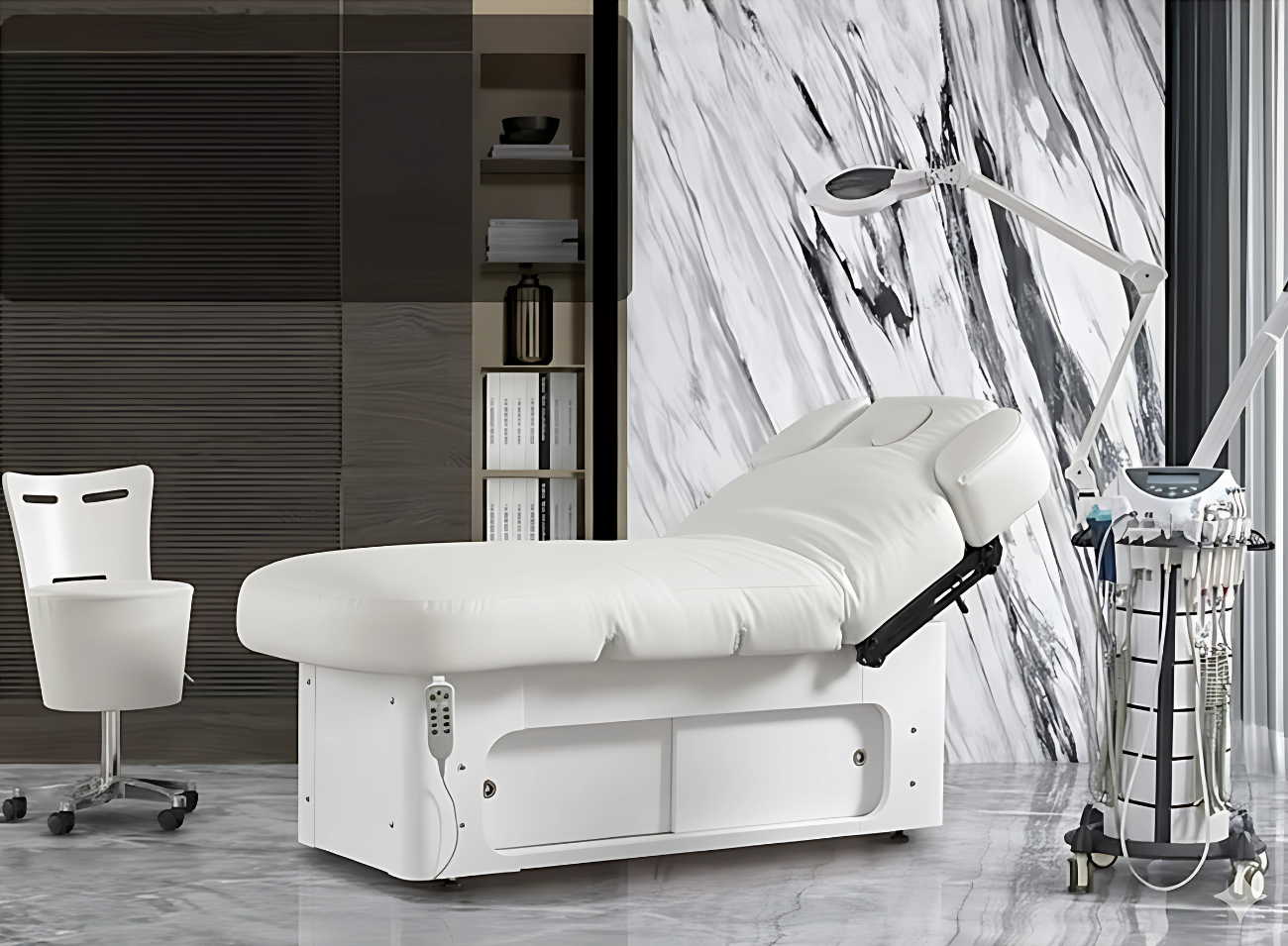 Showroom esthétique haut de gamme avec le lit de massage SPA chauffant LOLA BLANC 4 moteurs. Table de soin électrique professionnelle offrant un confort premium, idéale pour les instituts de beauté, spas et cabines esthétiques modernes. Ce lit électrique design avec dossier inclinable et matelas ergonomique associe chauffage intégré et motorisation précise, garantissant bien-être et résultats optimisés. L’exposition met en valeur son style élégant et sa robustesse, faisant du LOLA BLANC l’outil signature incontournable des professionnels recherchant performance, fiabilité et une expérience client luxueuse dans un cadre raffiné.